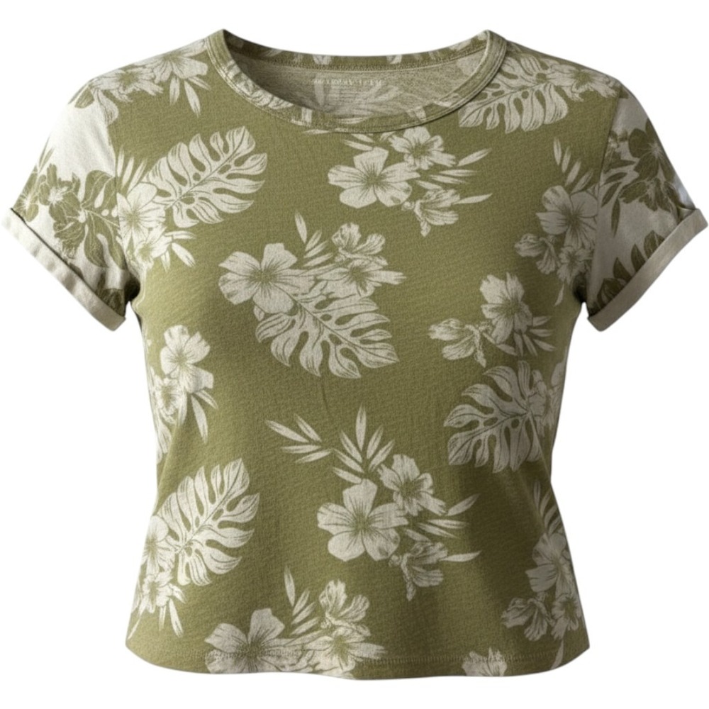 American Eagle Floral Tropical Green White Short Sleeve Tee Shirt Womens Medium